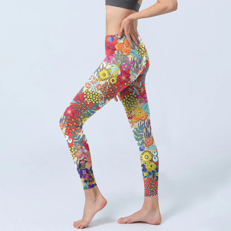 Buddha Stones Colorful Flowers Leaves Print Gym Fitness Leggings Women's Yoga Pants