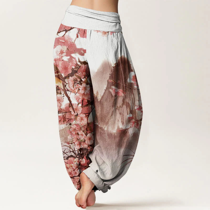 Buddha Stones Cotton Bird Cherry Blossom Mountains Pattern Women's Elastic Waist Harem Pants