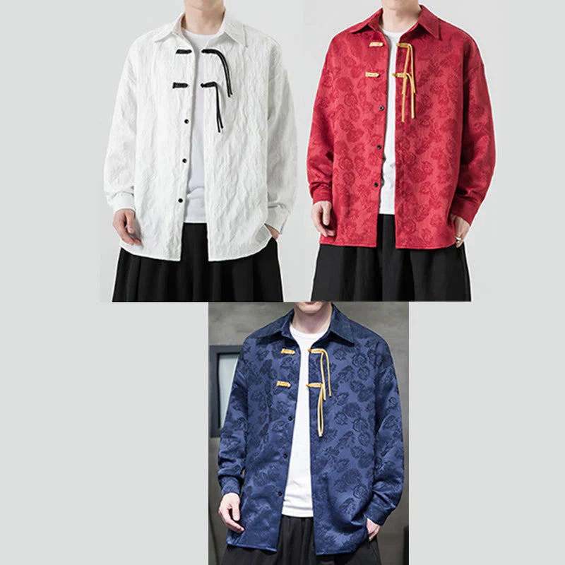 Buddha Stones Frog-Button Leaves Pattern Long Sleeve Men's Tang Suit Jacket