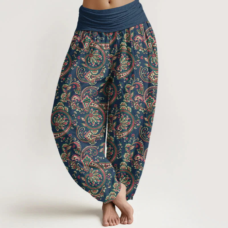 Buddha Stones Cotton Retro Complex Flowers Leaves Vine Pattern Women's Elastic Waist Harem Pants