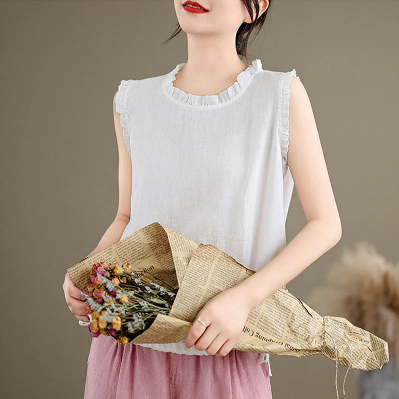 Buddha Stones Summer Ruffled Design Drawstring Crew Neck Cotton Linen Women's Sleeveless Vest