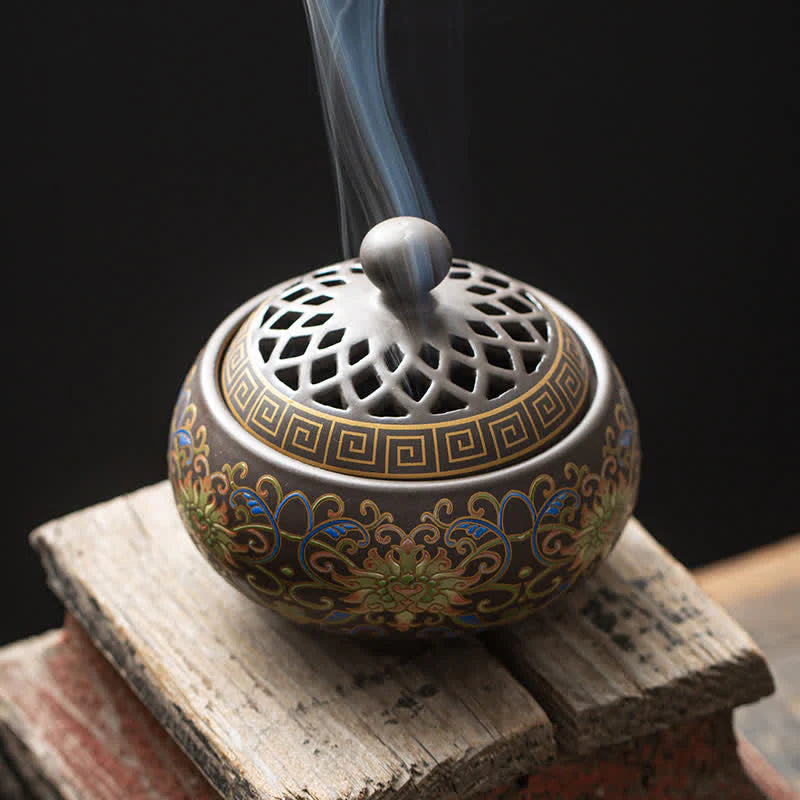 Buddha Stones Tibetan Floral Pattern Ceramic Blessing Incense Burner Decoration (Extra 35% Off | USE CODE: FS35)