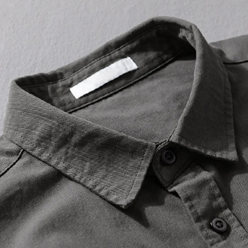 Buddha Stones Casual Solid Buttons Down Decorative Pocket Men's Stand Collar Long Sleeve Cotton Shirt
