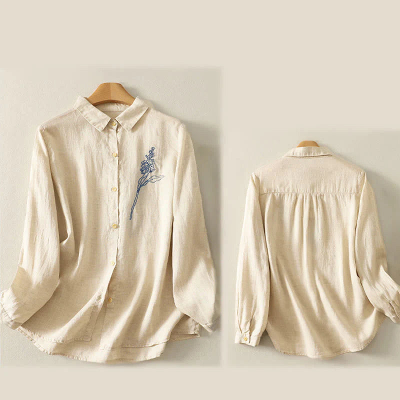 Buddha Stones Spring Embroidered Flower Long Sleeve Women's Buttons Shirt