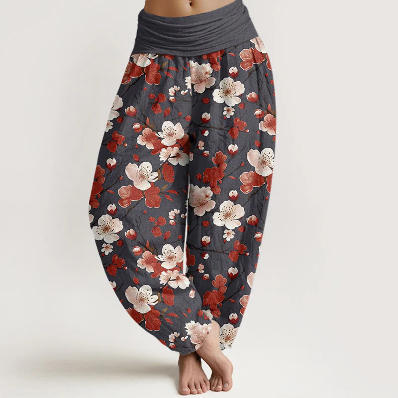 Buddha Stones Cotton Pink Red Peach Blossoms Design Women's Elastic Waist Harem Pants