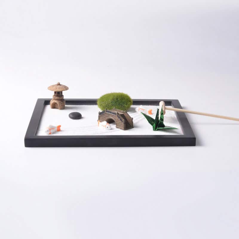 Buddha Stones Koi Fish Small Bridge Grass Landscape Peace Meditation Zen Garden Decoration