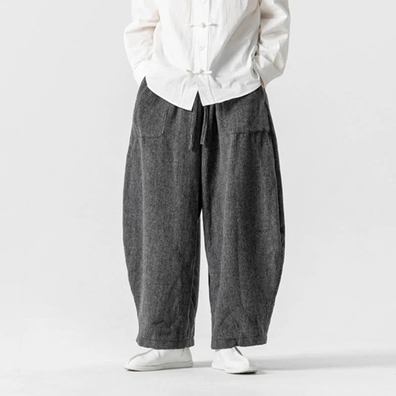 Buddha Stones Daily Solid Color Drawstring Design Men's Wide Leg Cotton Pants With Pockets