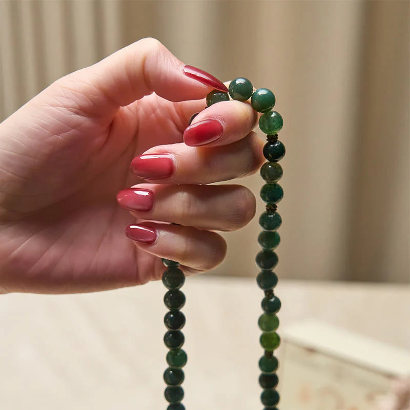 Buddha Stones Lotus Symbol Charm Round Bead Moss Agate Healing Mala
