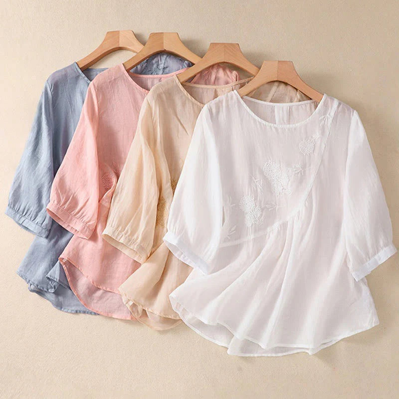 Buddha Stones Embroidered Flower Crew Neck Design Women's Cotton Linen Half Sleeve Shirt