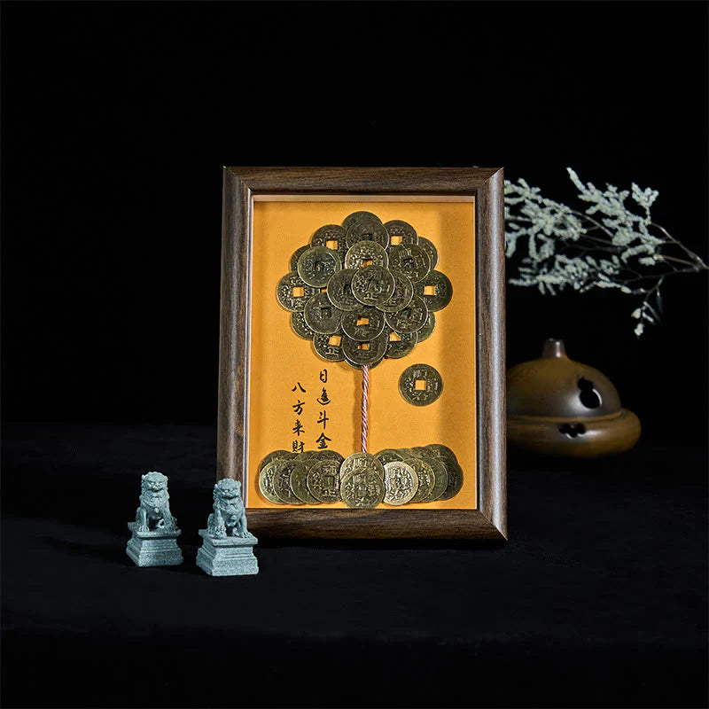 Buddha Stones Five-Emperor Coins Tree Attract Fortune Protection Photo Frame Ornament Home Decor