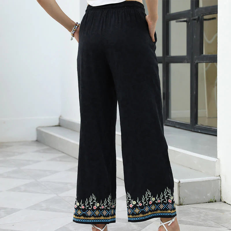 Buddha Stones Black Spring Embroidery Flower Pattern Cotton Linen Drawstring Women's Pants With Pockets