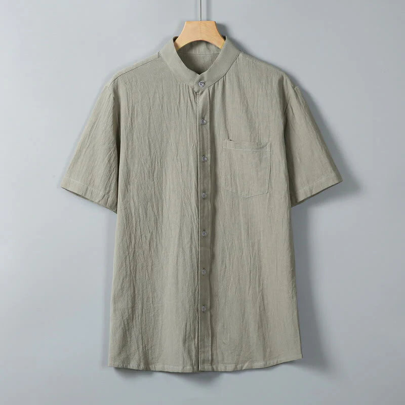Buddha Stones Daily Printing Solid Color Single Breasted Men's Short Sleeve Cotton Linen Shirt WIth Pockets