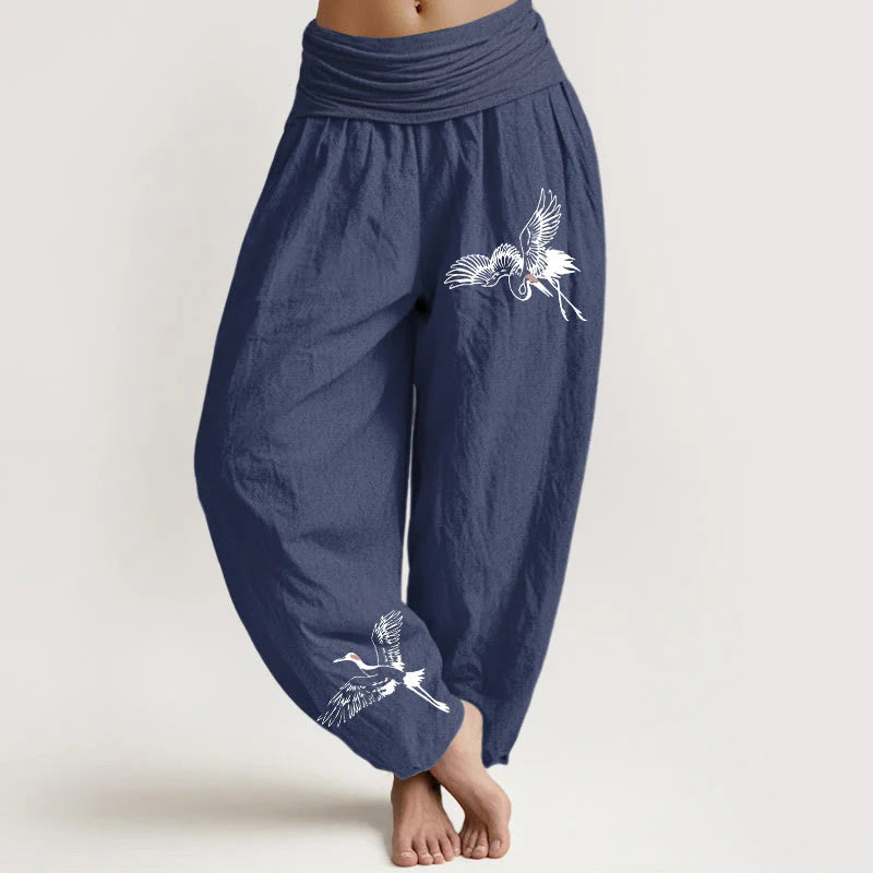 Buddha Stones Flying Red-crowned Cranes Pattern Women's Elastic Waist Harem Cotton Pants