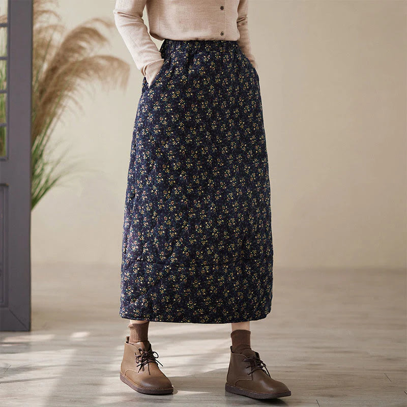 Buddha Stones Vintage Floral Pattern Elastic Waist Cotton Women's Midi Skirt With Pockets