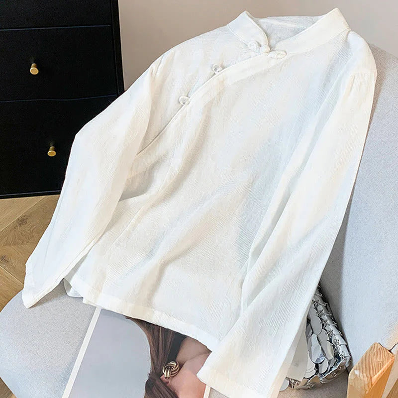 Buddha Stones Commute Jacquard Chinese Frog-Button Mandarin Collar Long Sleeve Women's Cotton Shirt