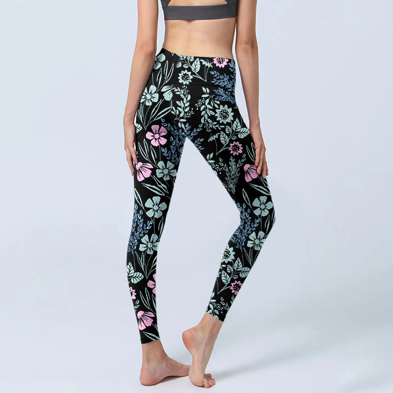 Buddha Stones Bold Color Contrast Flower Leaf Pattern Print Gym Leggings Women's Yoga Pants