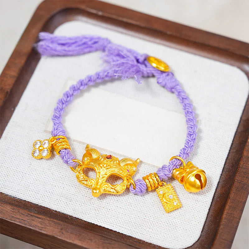 Buddha Stones 24k Gold Plated Brass Fox Bell Charm Fu Character Woven Purple String Luck Bracelet