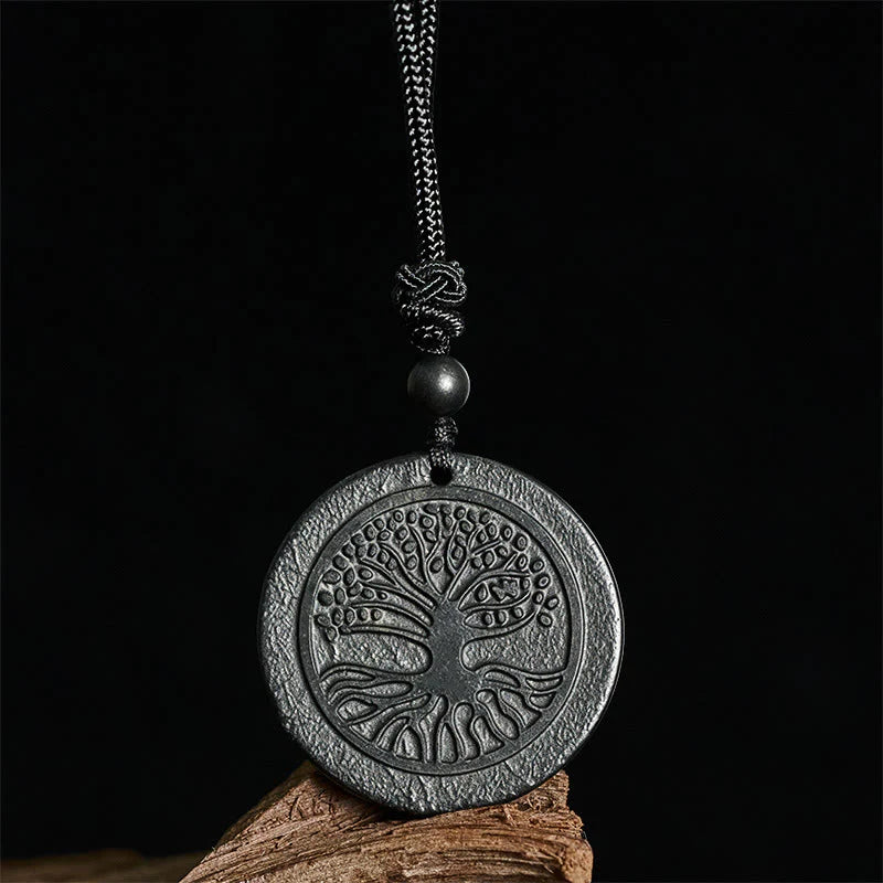 Buddha Stones The Tree of Life Carving Pattern Authentic Shungite Stone Protection Necklace Pendant