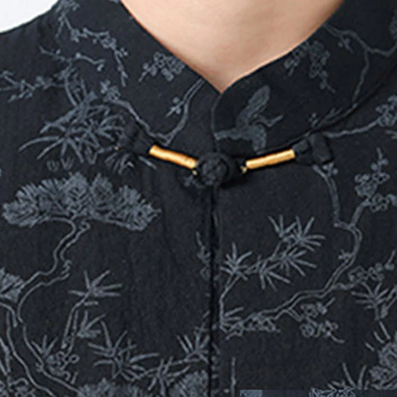Buddha Stones Summer Crane Pine Tree Pattern Tang Suit Men's Frog-Button Half Sleeve Cotton Shirt With Pockets
