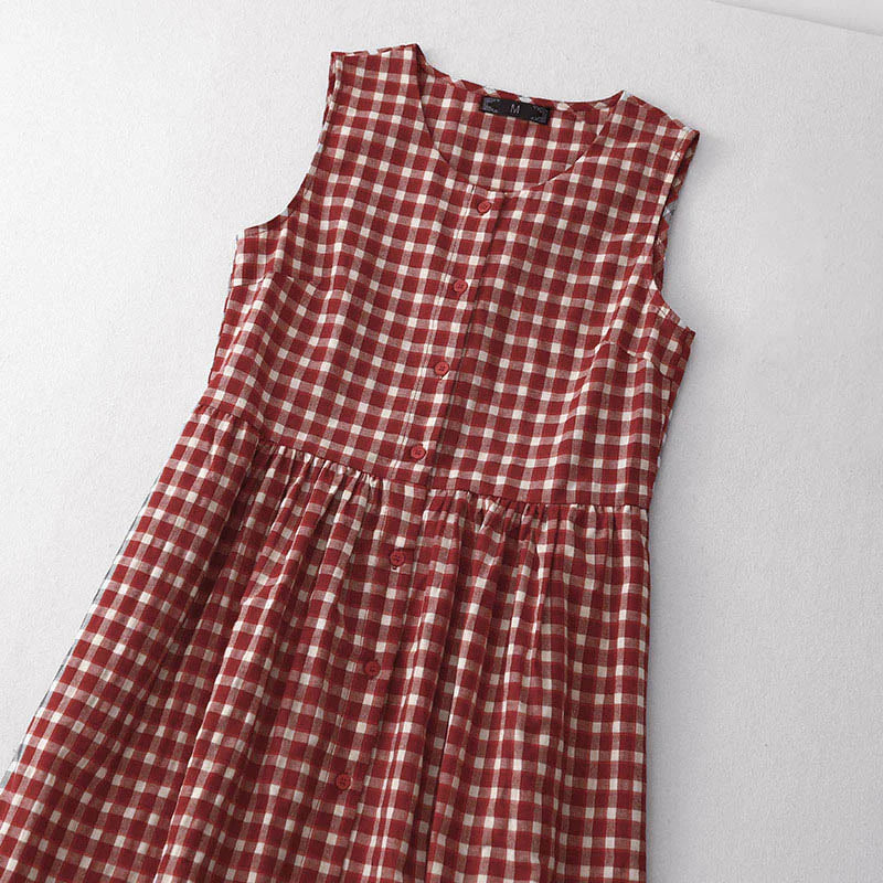 Buddha Stones Plaid Sleeveless Summer Midi Dress With Pockets
