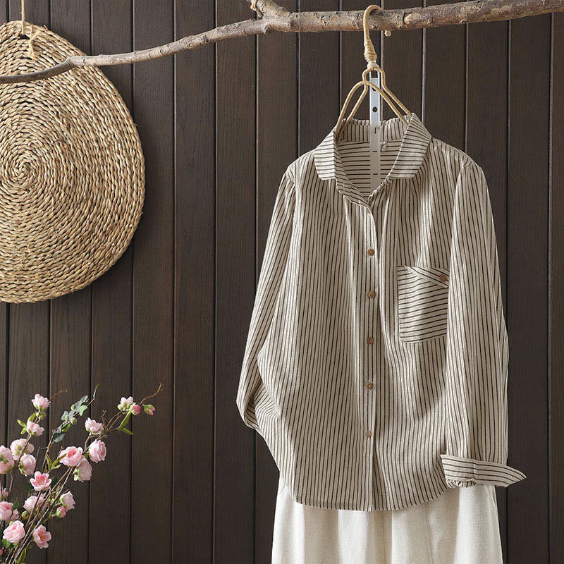 Buddha Stones Fall Stripe Stand Collar Buttons Women's Long Sleeve Shirt With Pocket