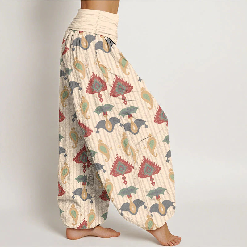 Buddha Stones Pure Cotton Triangle Flame Geometric Shapes Feather Women's Elastic Waist Harem Pants