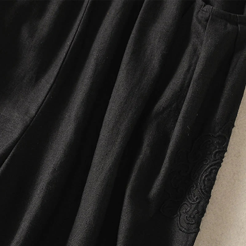 Buddha Stones Casual Embroidery Women's Cotton Linen 7-8 Length Harem Pants With Pockets