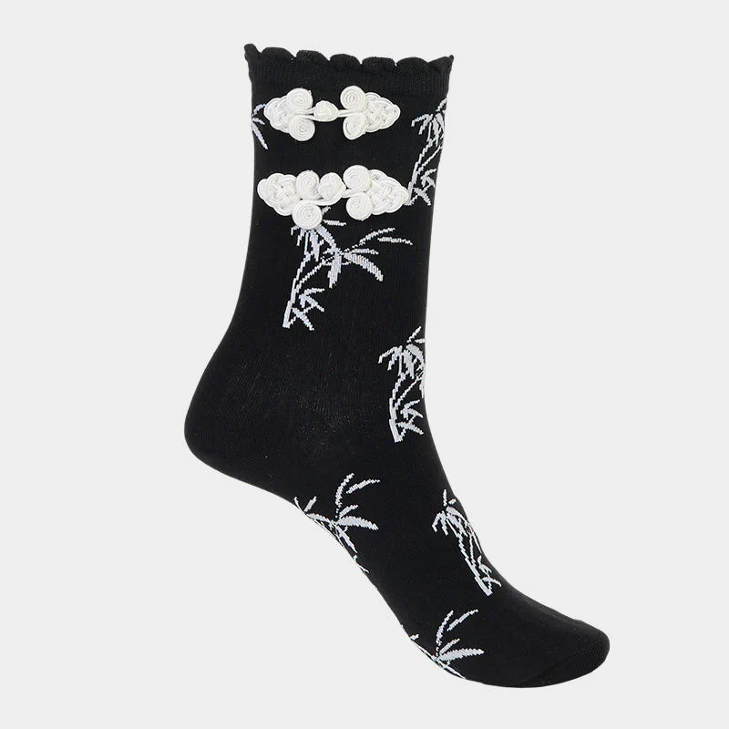 Buddha Stones Chinese Frog-Button Design Jacquard Bamboo Pattern Micro Crew Women's Socks
