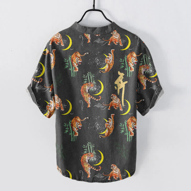 Buddha Stones Tiger Moon Bamboo Men's Short Sleeve Resort Shirt