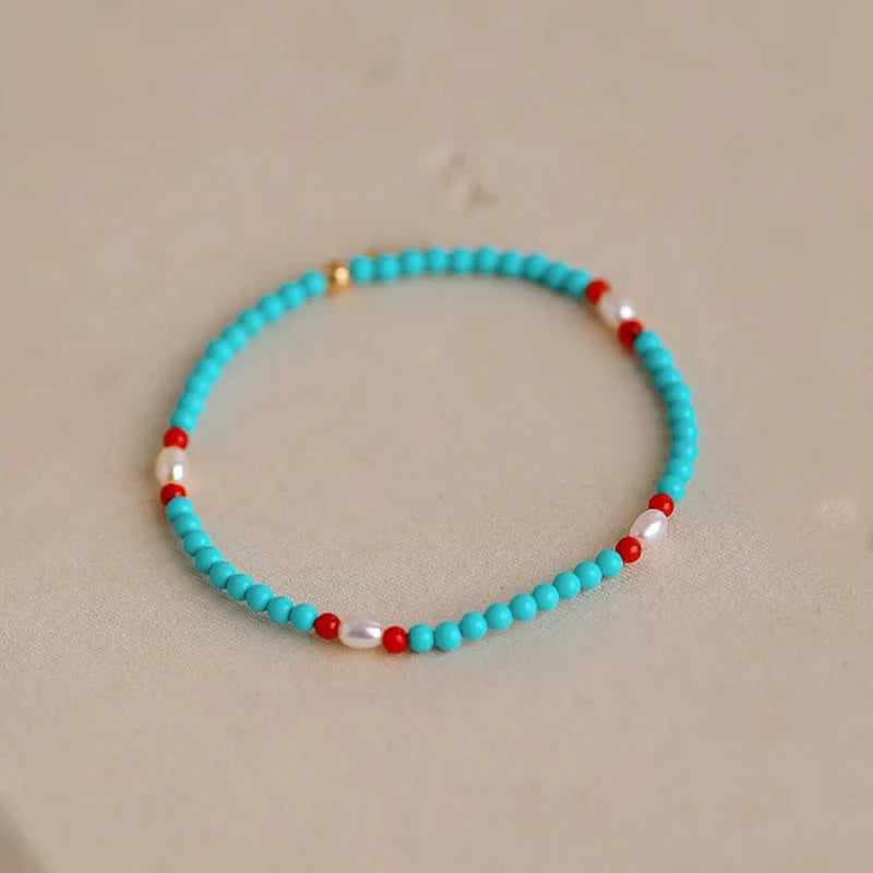 Buddha Stones Turquoise Red Agate Pearl Small Beaded Protection Bracelet