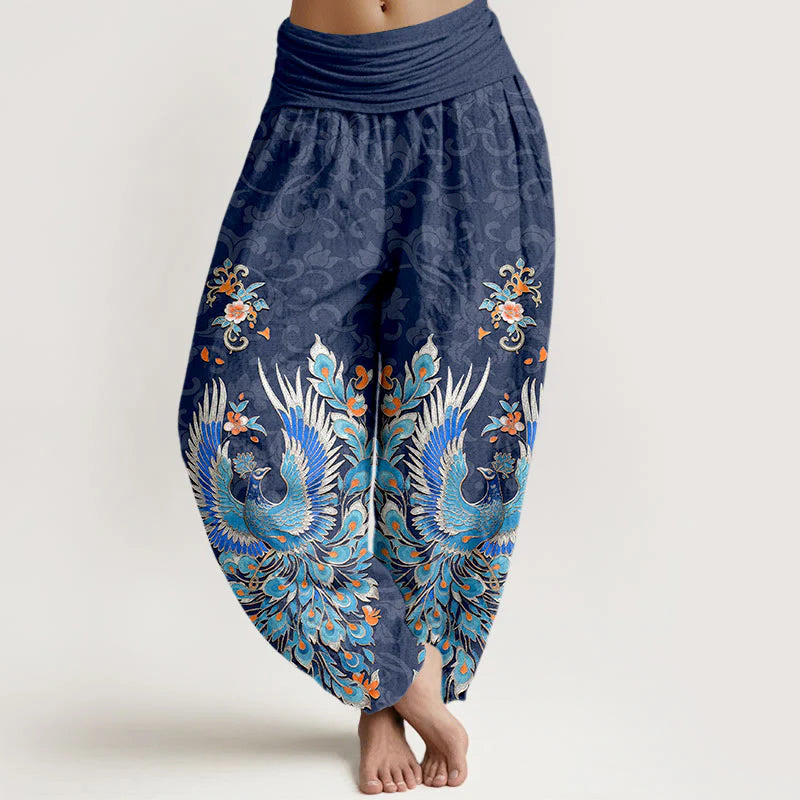 Buddha Stones Cotton Phoenix Peach Blossom Pattern Women's Elastic Waist Harem Pants