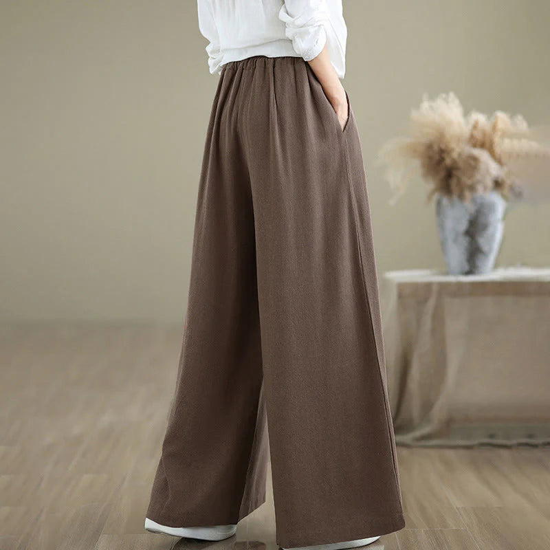 Buddha Stones Women's Pure Color Drawstring Cotton Linen Wide Leg Ankle-Length Pants With Pockets