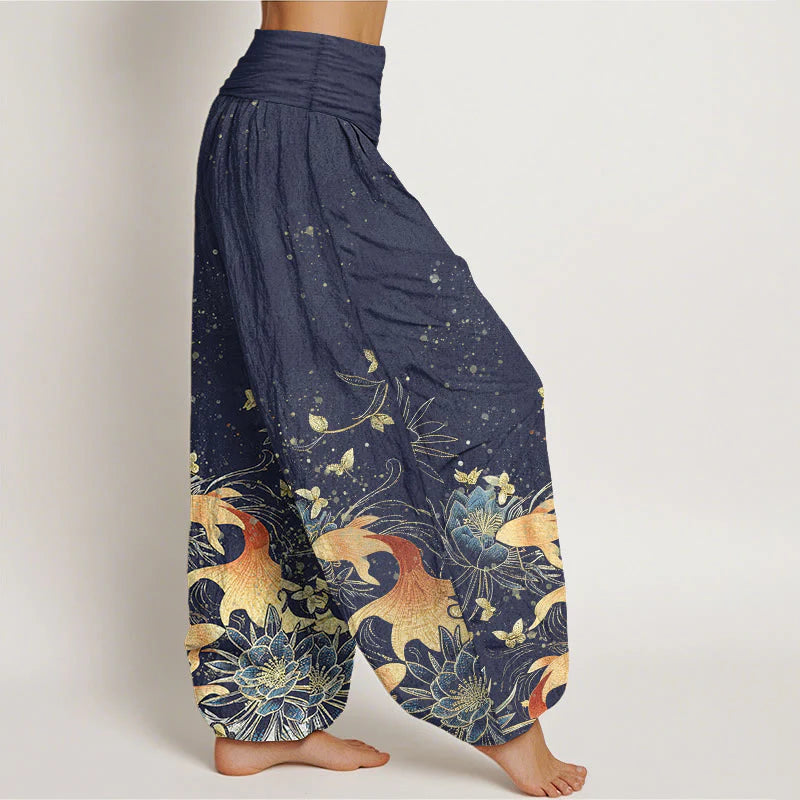 Buddha Stones Cotton Butterfly Koi Fish Lotus Pattern Women's Elastic Waist Harem Pants