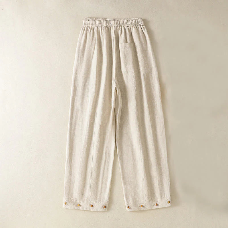 Buddha Stones Casual Embroided Bead Drawstring Women's Wide Leg Cotton Pants With Pockets