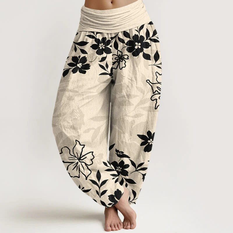 Buddha Stones Cotton Retro Simple Flowers Leaves Pattern Women's Elastic Waist Harem Pants