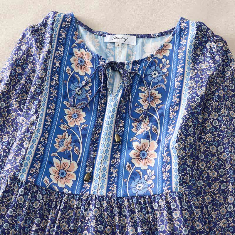 Buddha Stones Fall Boho Floral Paisley Cotton Bracelet Sleeve Women's Mini Dress with Puff Sleeves and Tie Neck