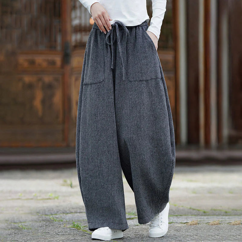 Buddha Stones Winter Men's Pure Color Drawstring Design Cotton High Waist Pants With Pockets