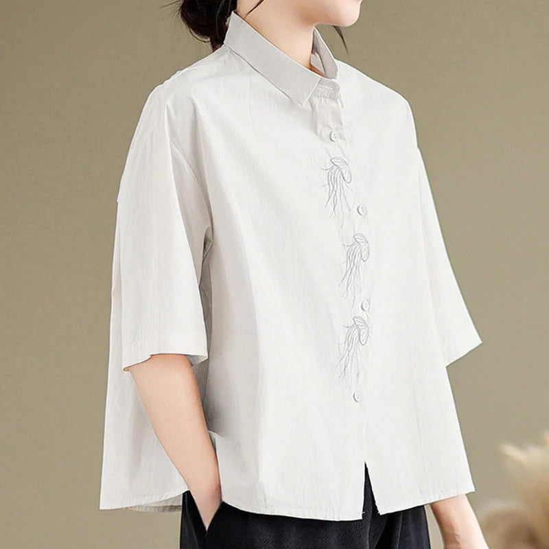 Buddha Stones Casual Women's Embroidered Jellyfish Pattern Stand Collar Buttons Design Half Sleeve Cotton Shirt