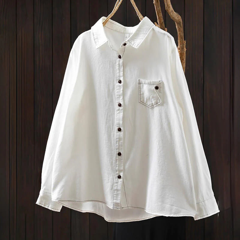 Buddha Stones Fall Buttons Down Pocket Decor Design Women's Stand Collar Long Sleeve Cotton Shirt