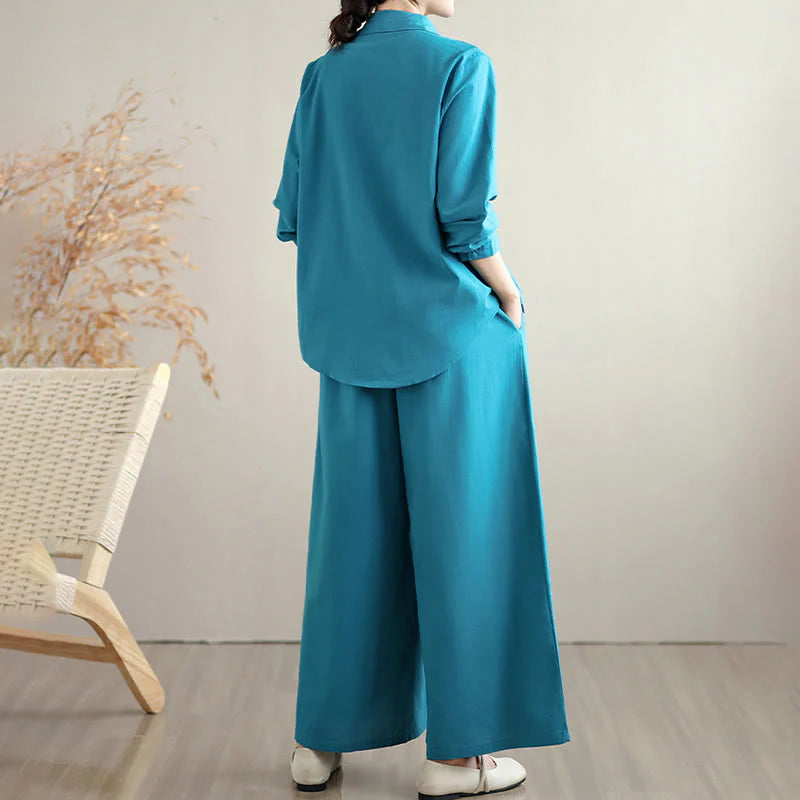 Buddha Stones 2Pcs Fall Solid Color Cotton Buttons Down Long Sleeve Shirt Ankle-Length Wide Leg Pants Women's Set With Pockets