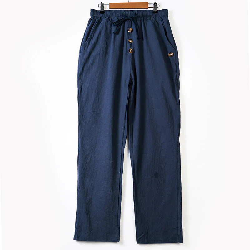 Buddha Stones Solid Color Buttons Drawstring Men's Cotton Pants With Pockets