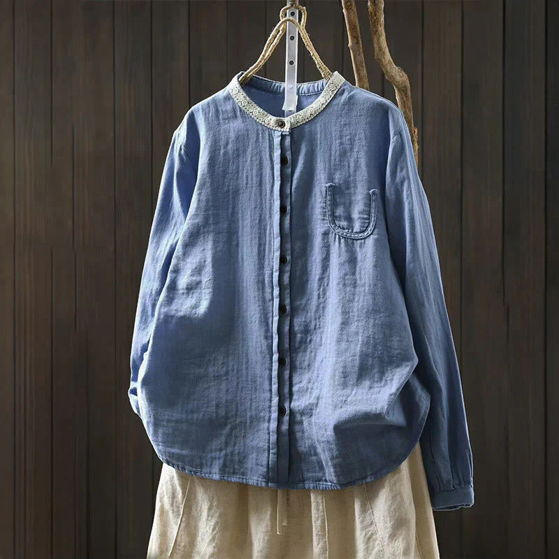 Buddha Stones Spring Fall Lace Collar Button Down Long Sleeve Women's Cotton Shirt