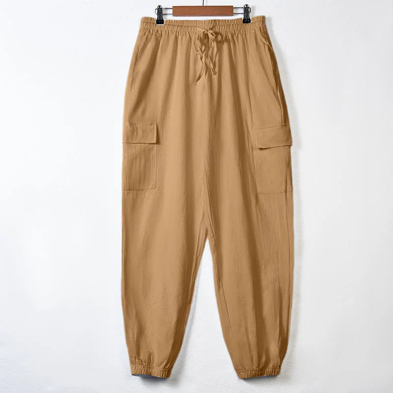 Buddha Stones Solid Color Linen Drawstring Men's Cargo Pants With Pockets