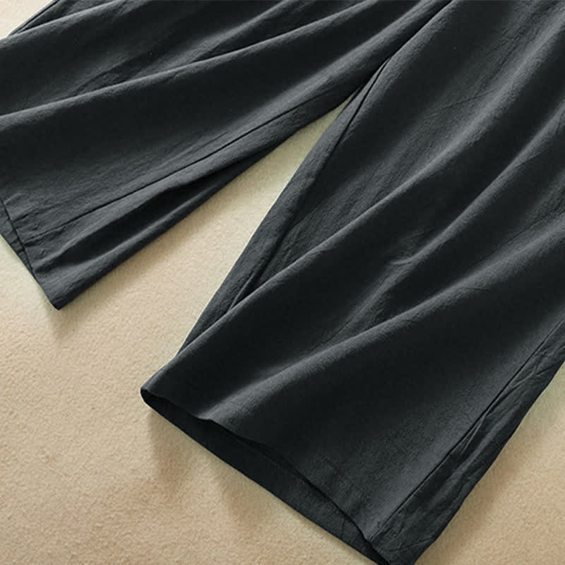 Buddha Stones High Waist Capri Cropped Women's Wide Leg Cotton Pants With Pockets