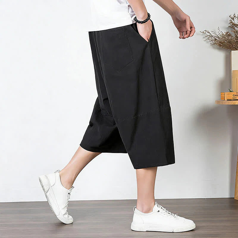 Buddha Stones Plain Drawstring Capri Length Men's Cotton Linen Harem Pants With Pockets