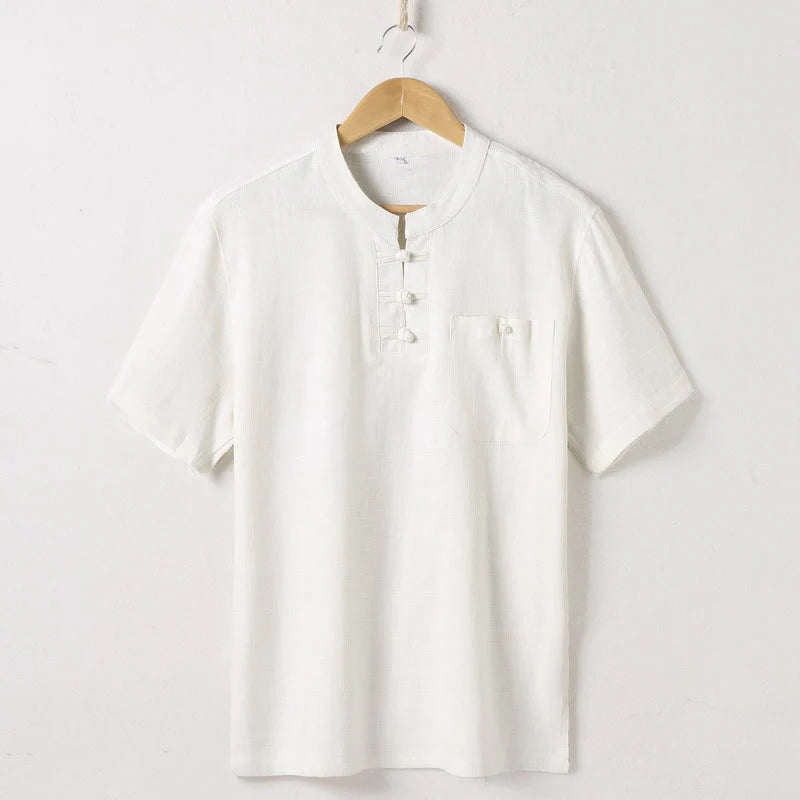 Buddha Stones Loose Men's Shirt Solid Color Notched Neck Top Short Sleeve Comfy Button Breathable Cotton Linen Shirt