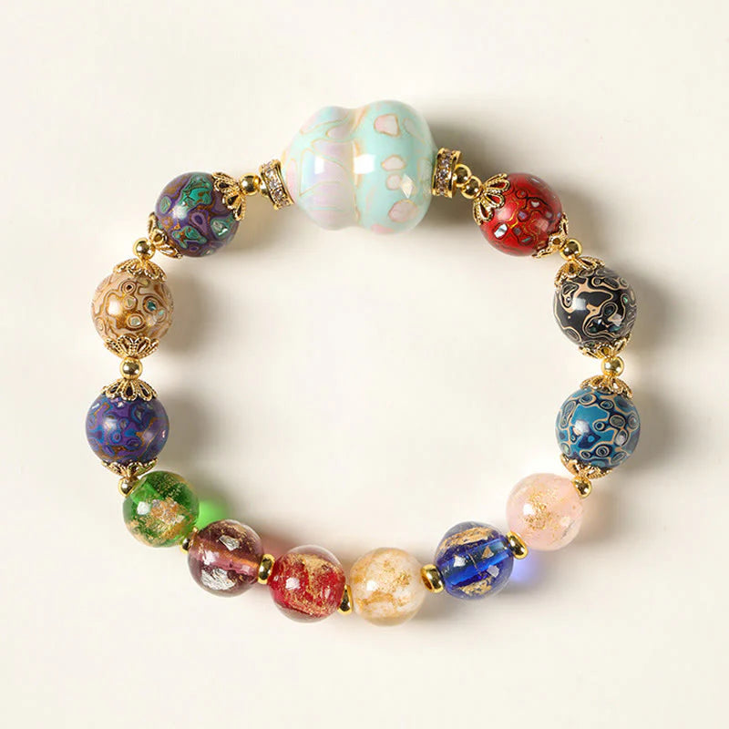 Buddha Stones Colorful Liuli Glass Sandalwood Gourd Bead Lacquer Craft Bracelet