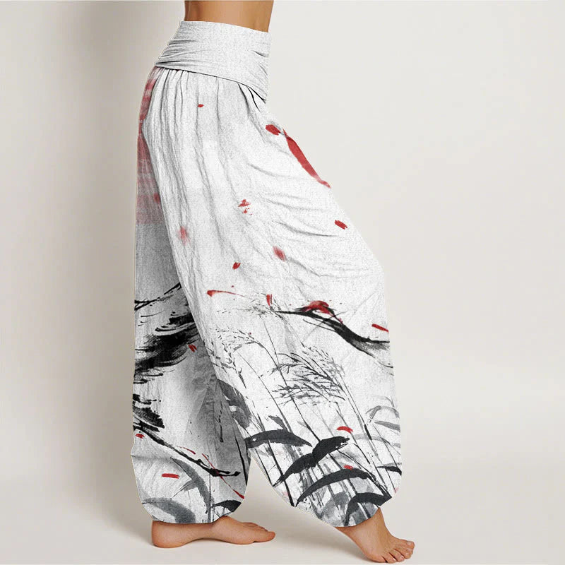 Buddha Stones Cotton Casual Red-crowned Reed Sun Crane Pattern Women's Elastic Waist Harem Pants