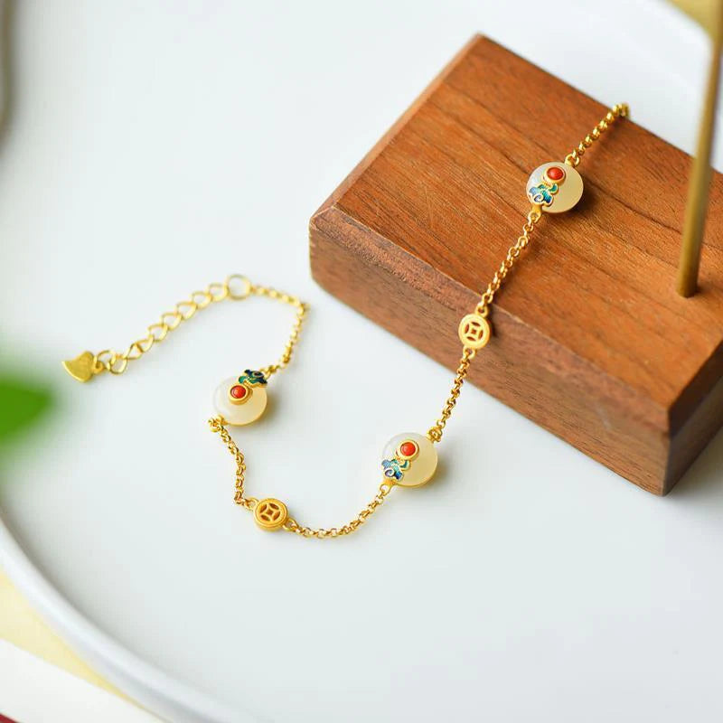 Buddha Stones Peace Buckle White Jade Luck Copper Bracelet