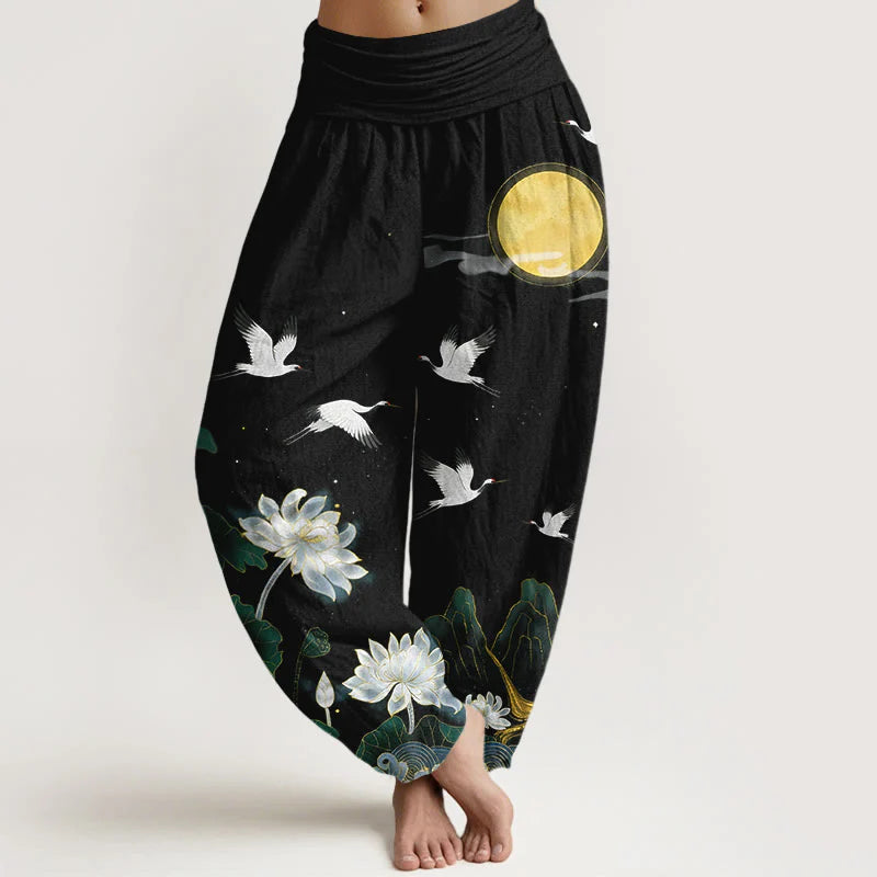 Buddha Stones Pure Cotton Crane Blooming Lotus Moon Mountain Women's Elastic Waist Harem Pants